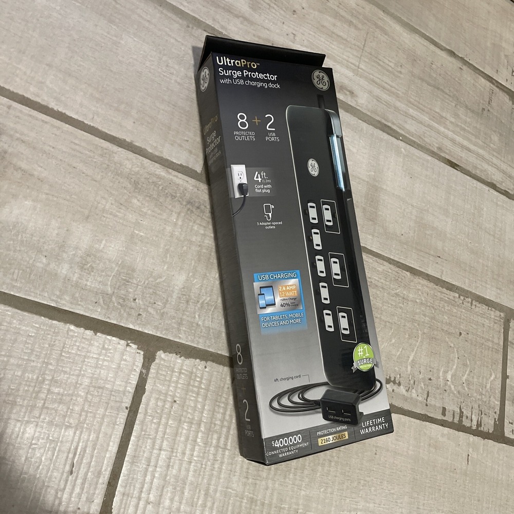 GE UltraPro Surge Protector w/ USB Dock, 8-outlet, 2-USB,‎ 4 ft, 2160 Joules NIB